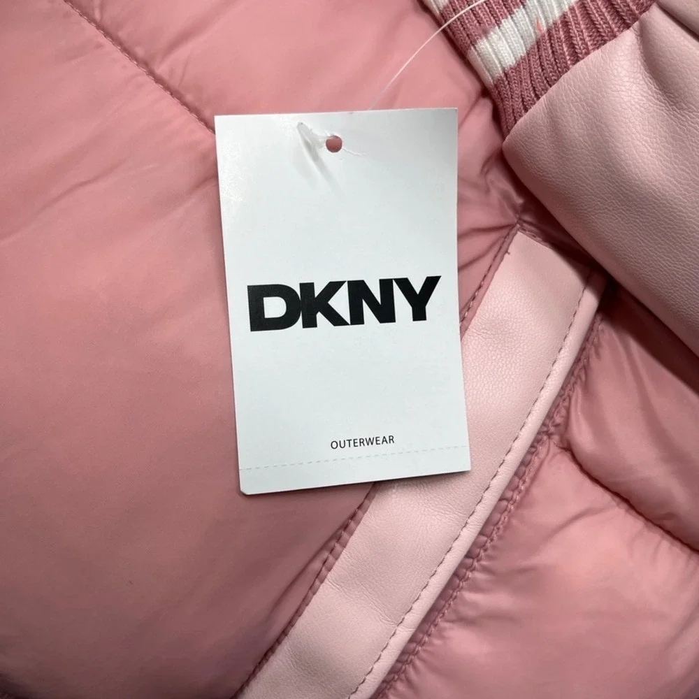 DKNY Girls Pink Puffer Jacket Faux Leather Sleeves Size 10/12 Y2K Streetwear